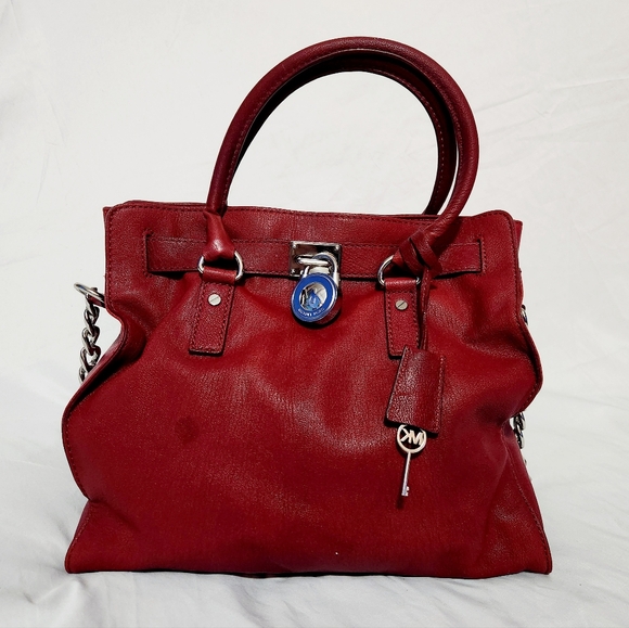 Michael Kors MK Large Hamilton - Red - Leather Bag with Silver Trim Nice - Picture 12 of 12